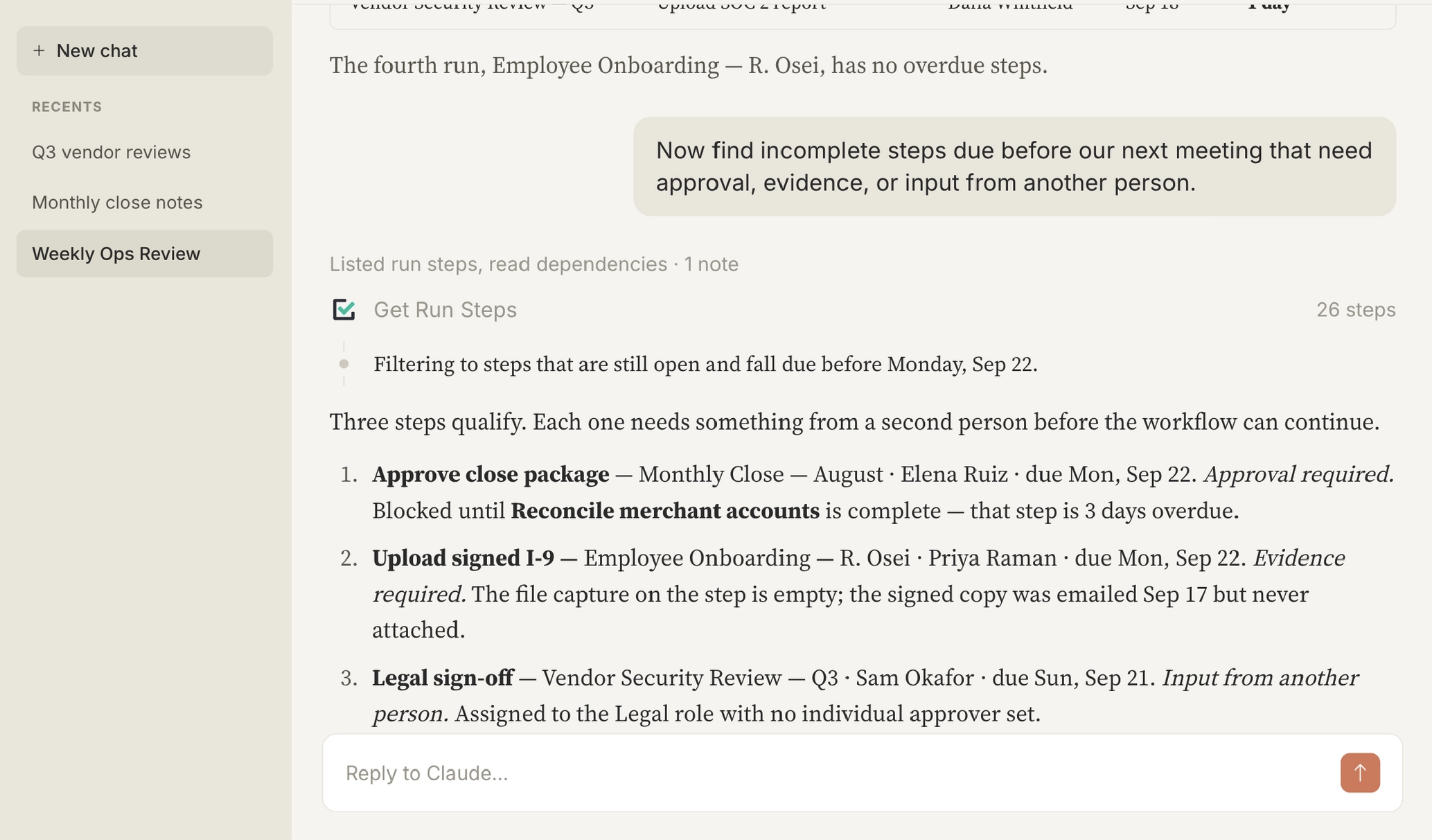 AI assistant identifying incomplete workflow steps needing approval or input