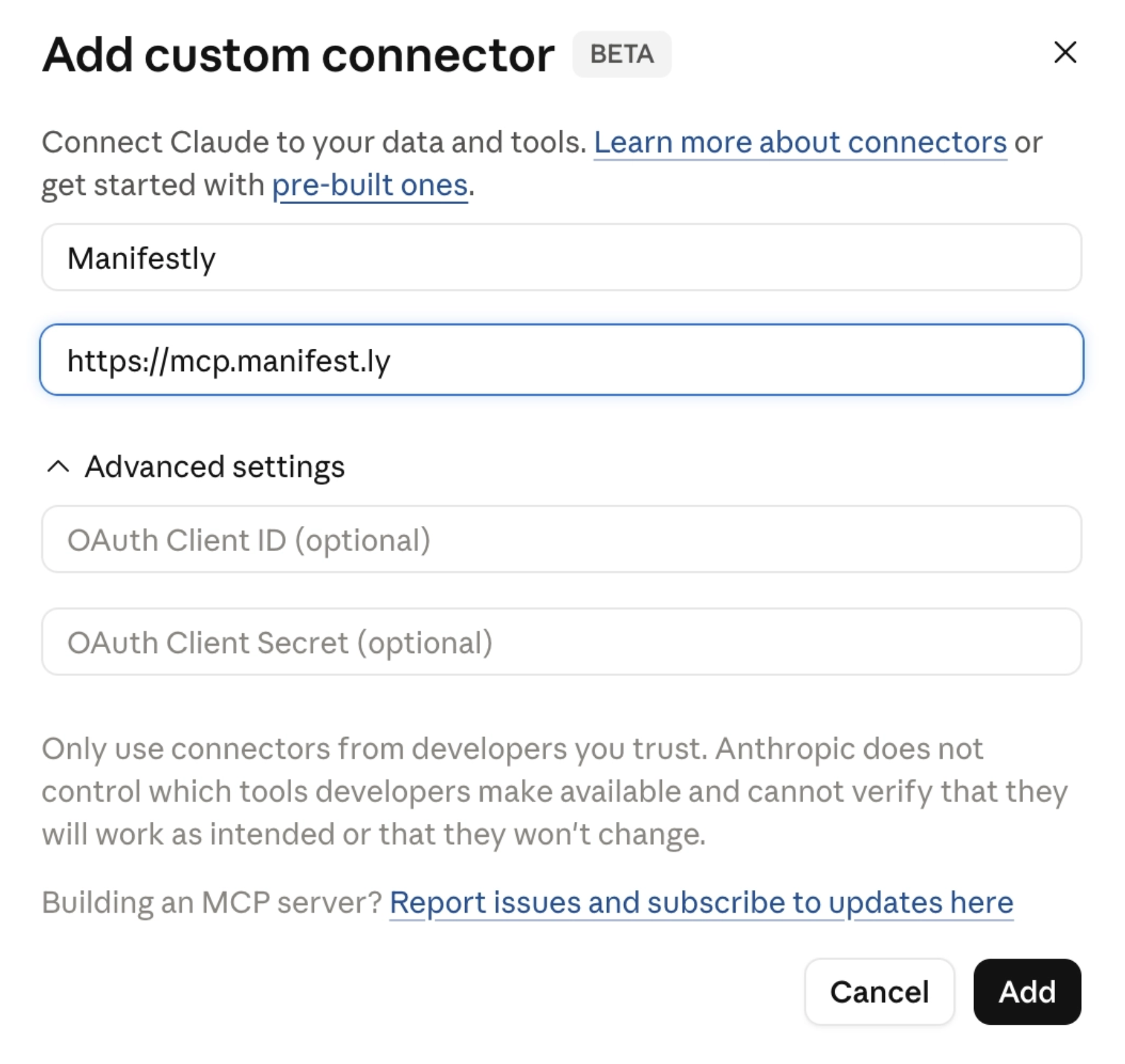 Adding Manifestly MCP server to Claude