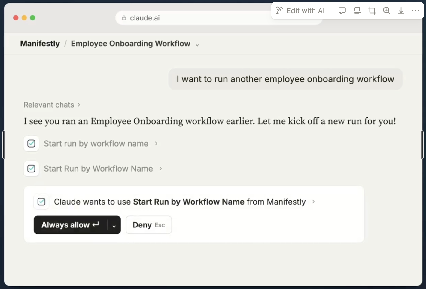 Running one Manifestly workflow in Claude