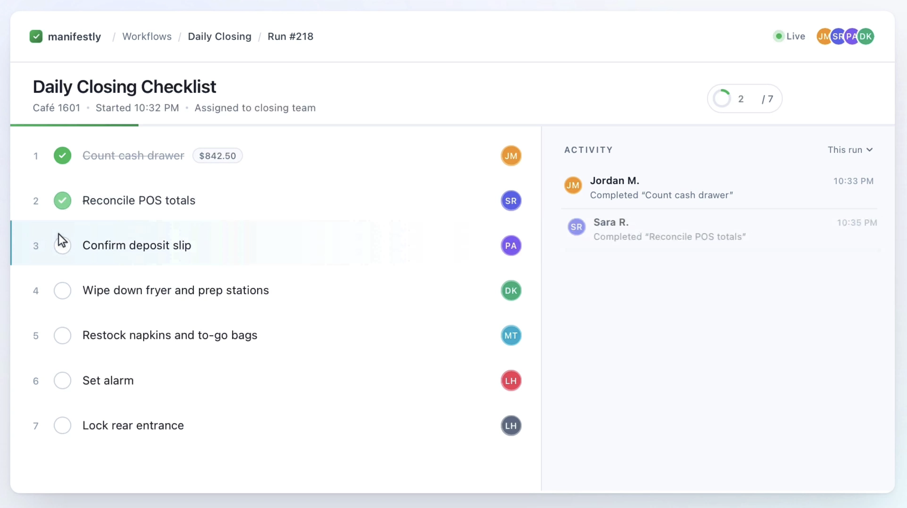 Confirming changes to workflow in Manifestly app