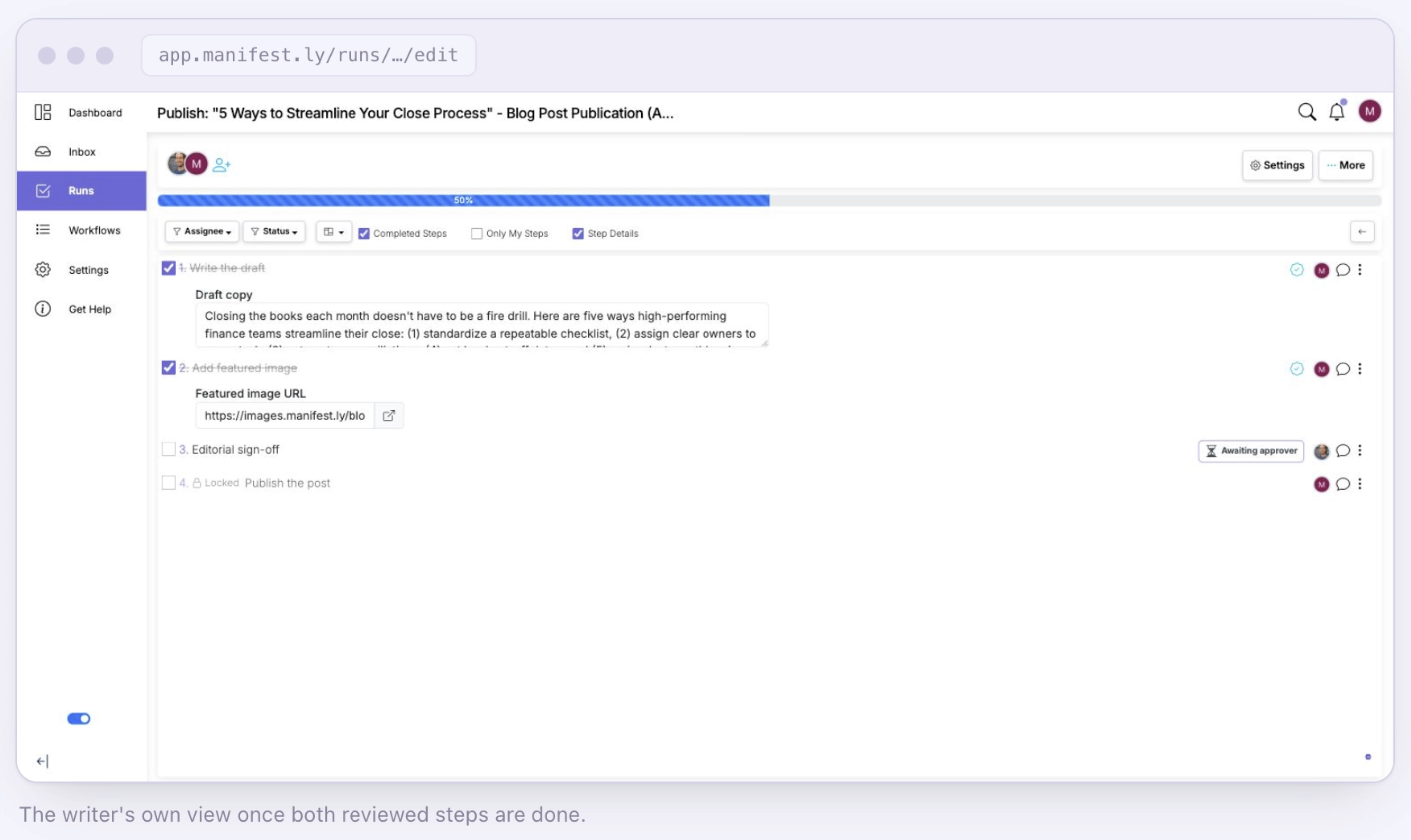 An approval step reviewing earlier steps in a Manifestly workflow.