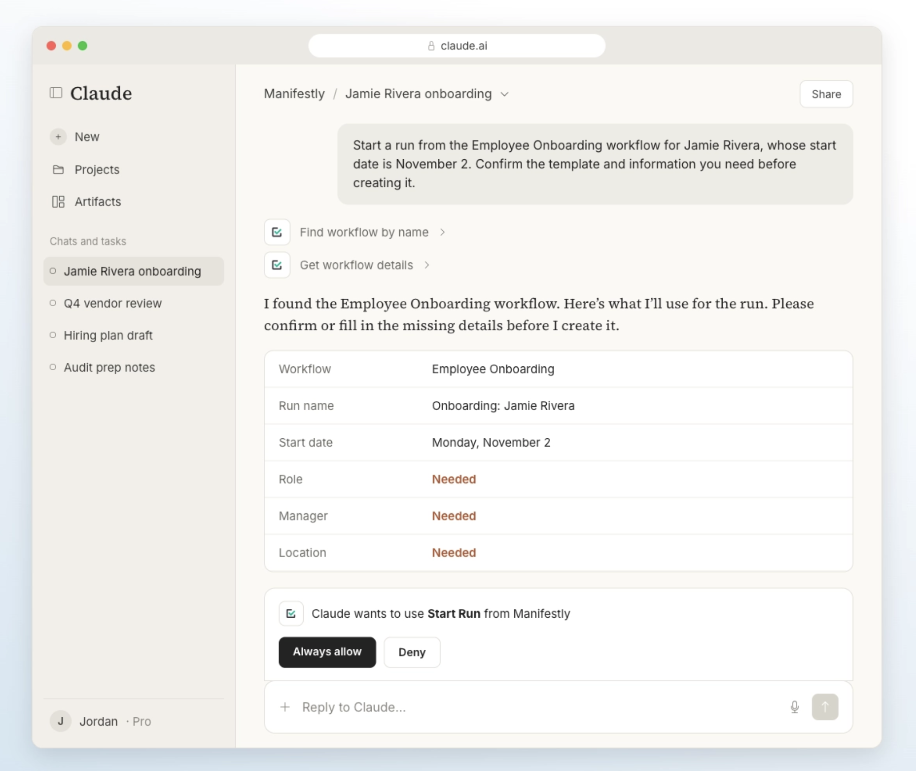 Starting an onboarding run from the workflow template through an AI assistant