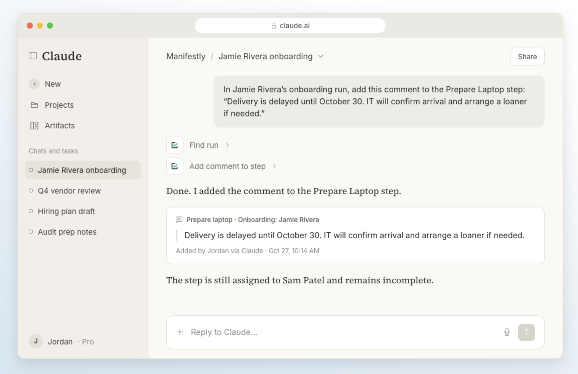 Adding a comment to the Prepare Laptop step through an AI assistant